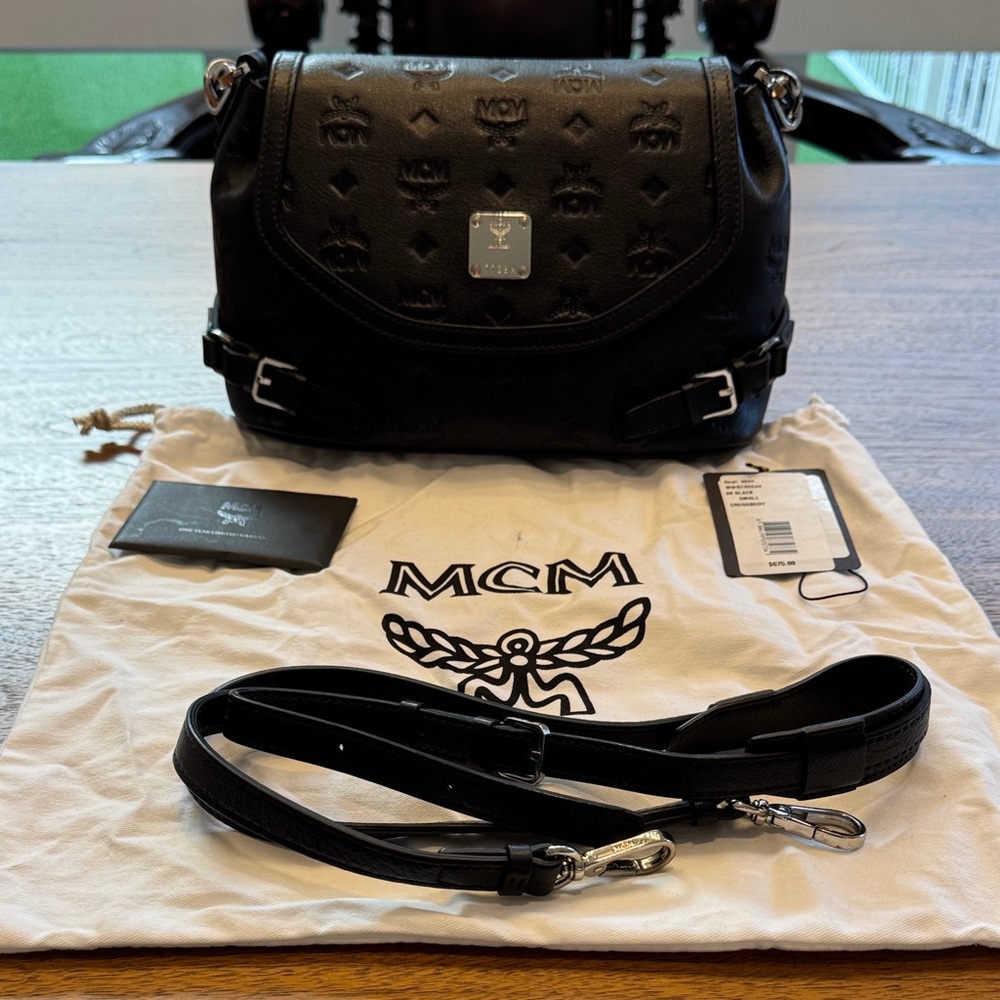 MCM Black Embossed Leather Visetos Crossbody Bag with Silver Hardware